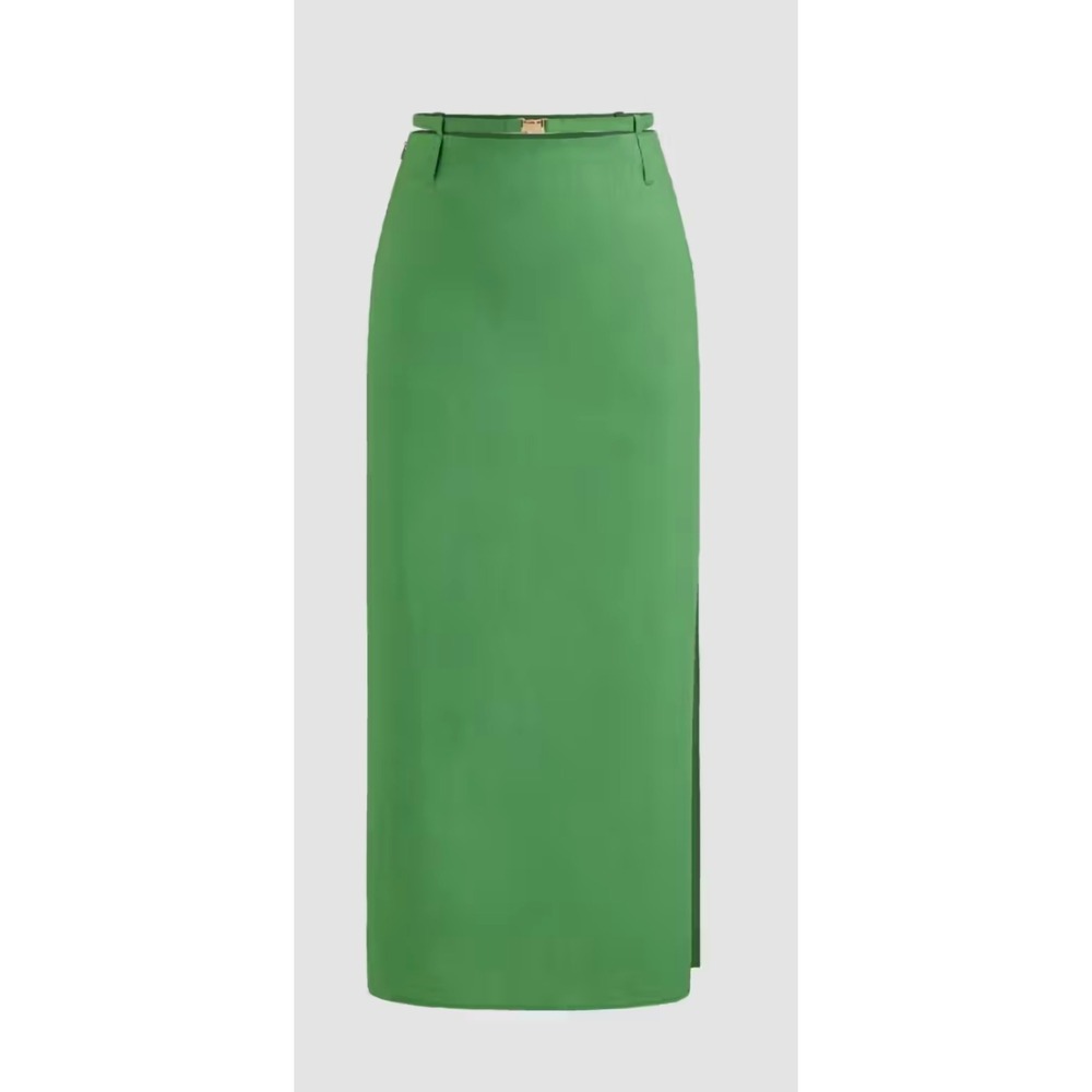 Cider Green Cutout Waist Belted Midi Skirt Plus Size 1XL Side Slit Pencil Skirt